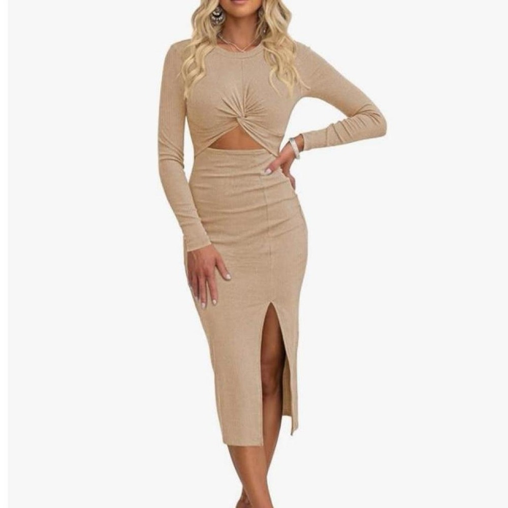 Pink Queen Women's Crew Neck Long Sleeve Midi Dress Cutout Twist Front